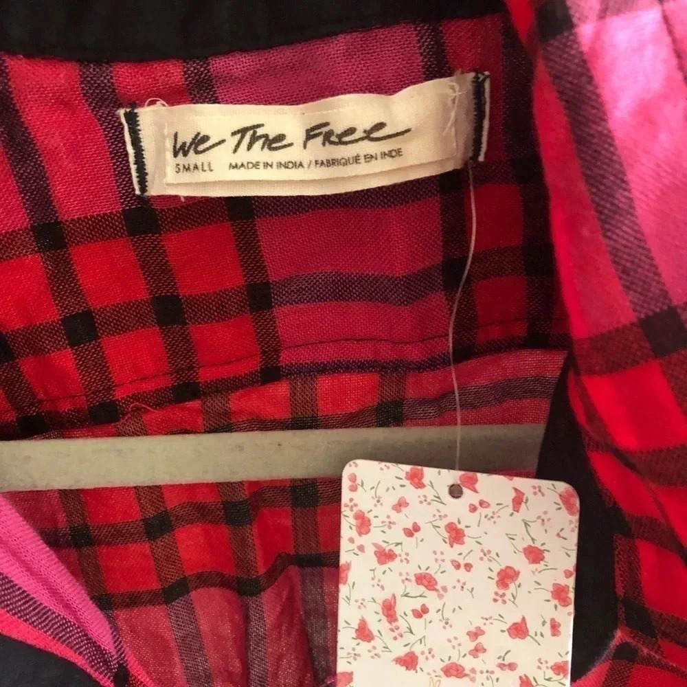 Free People plaid red combo button down shirt - Picture 3 of 11